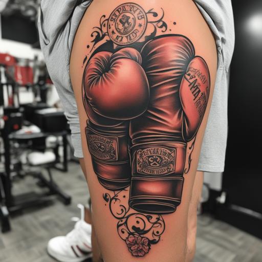 in the style of leg tattoos, with a tattoo of boxing gloves