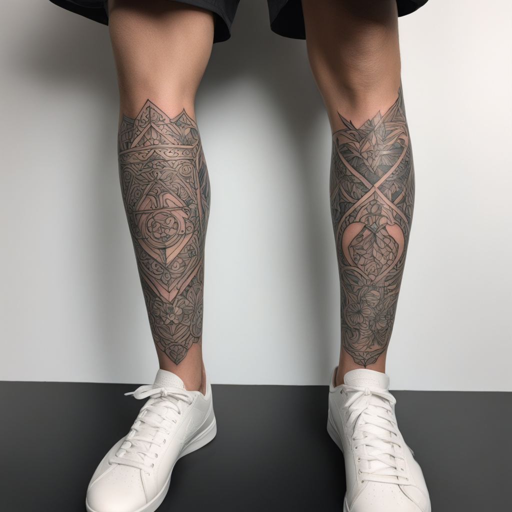 in the style of fineline tattoo, with a tattoo of Leg sleeve