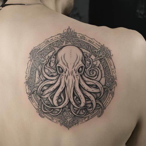 in the style of fineline tattoo, with a tattoo of cthulhu sy