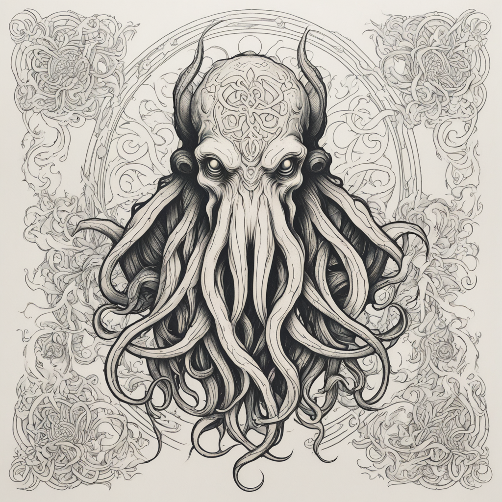 in the style of fineline tattoo, with a tattoo of cthulhu fa