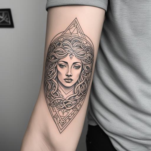 in the style of fineline tattoo, with a tattoo of Medusa