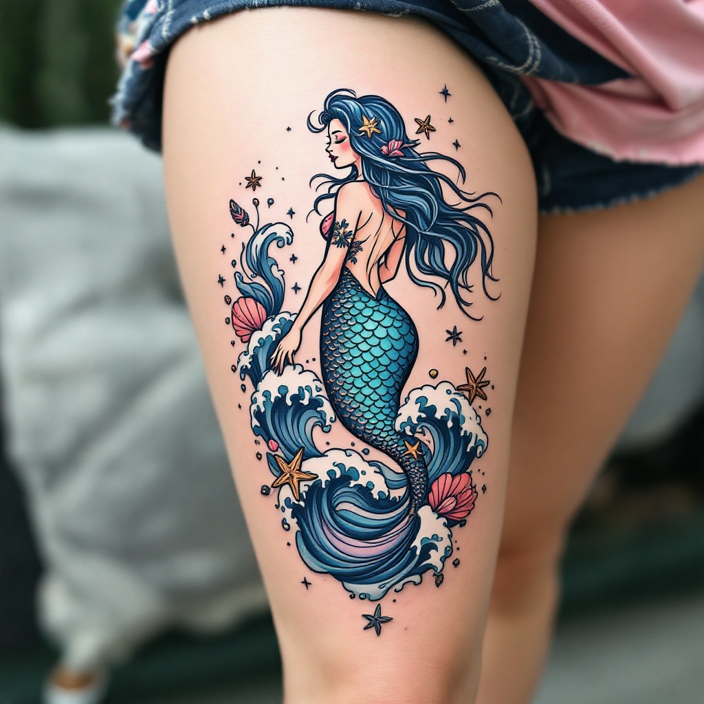 Enchanting Mermaid Thigh Tattoo