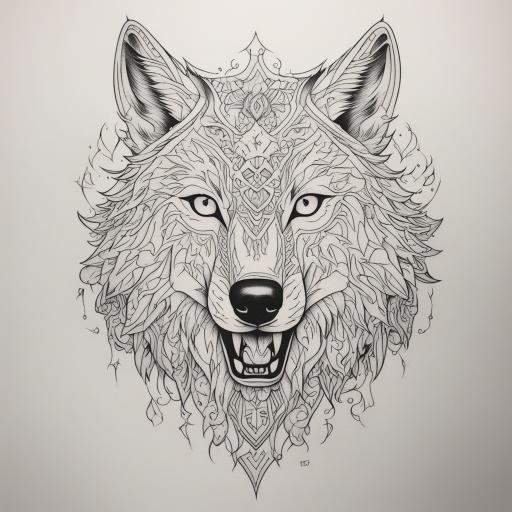 in the style of fineline tattoo, with a tattoo of wolf showi