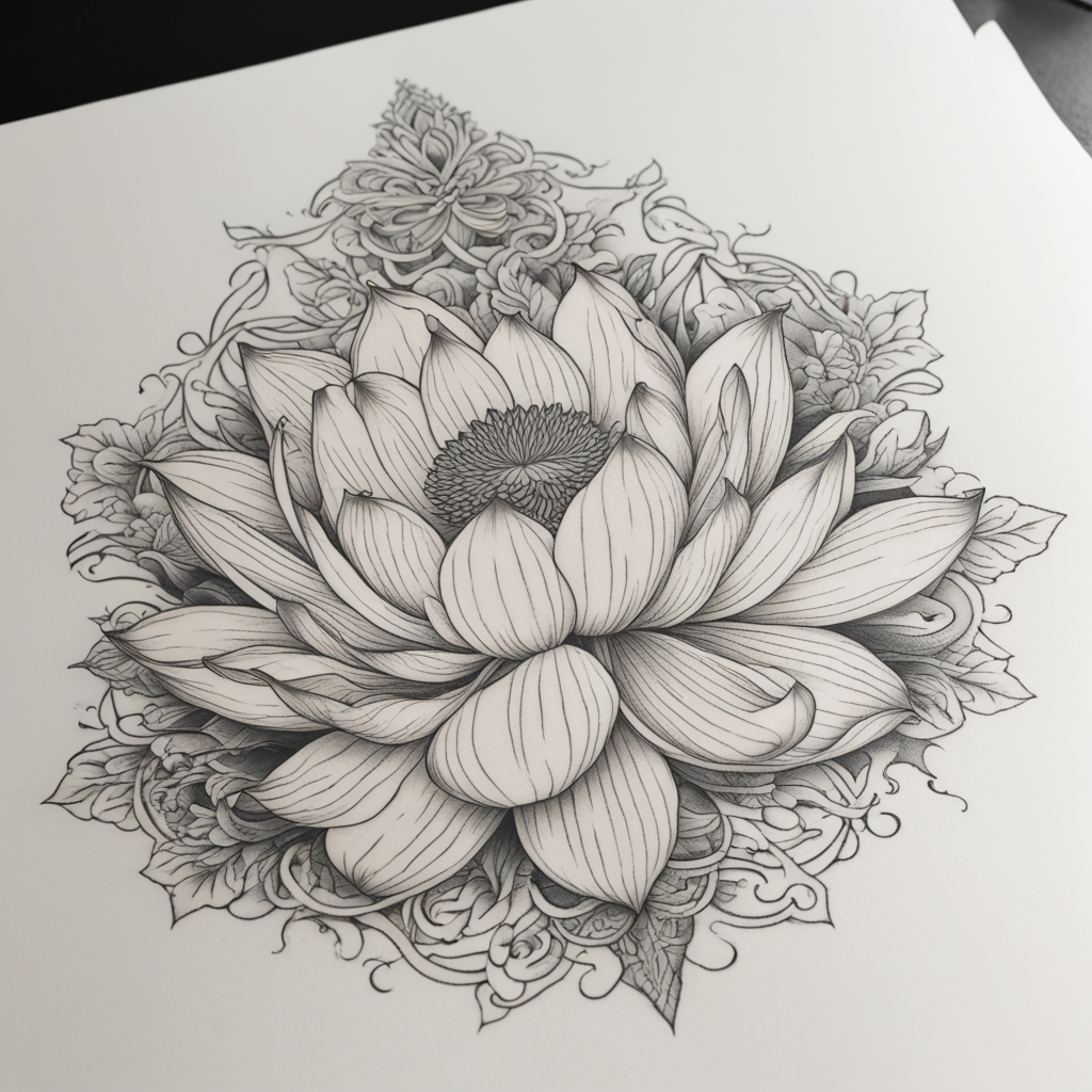 in the style of fineline tattoo, with a tattoo of Lotusblume