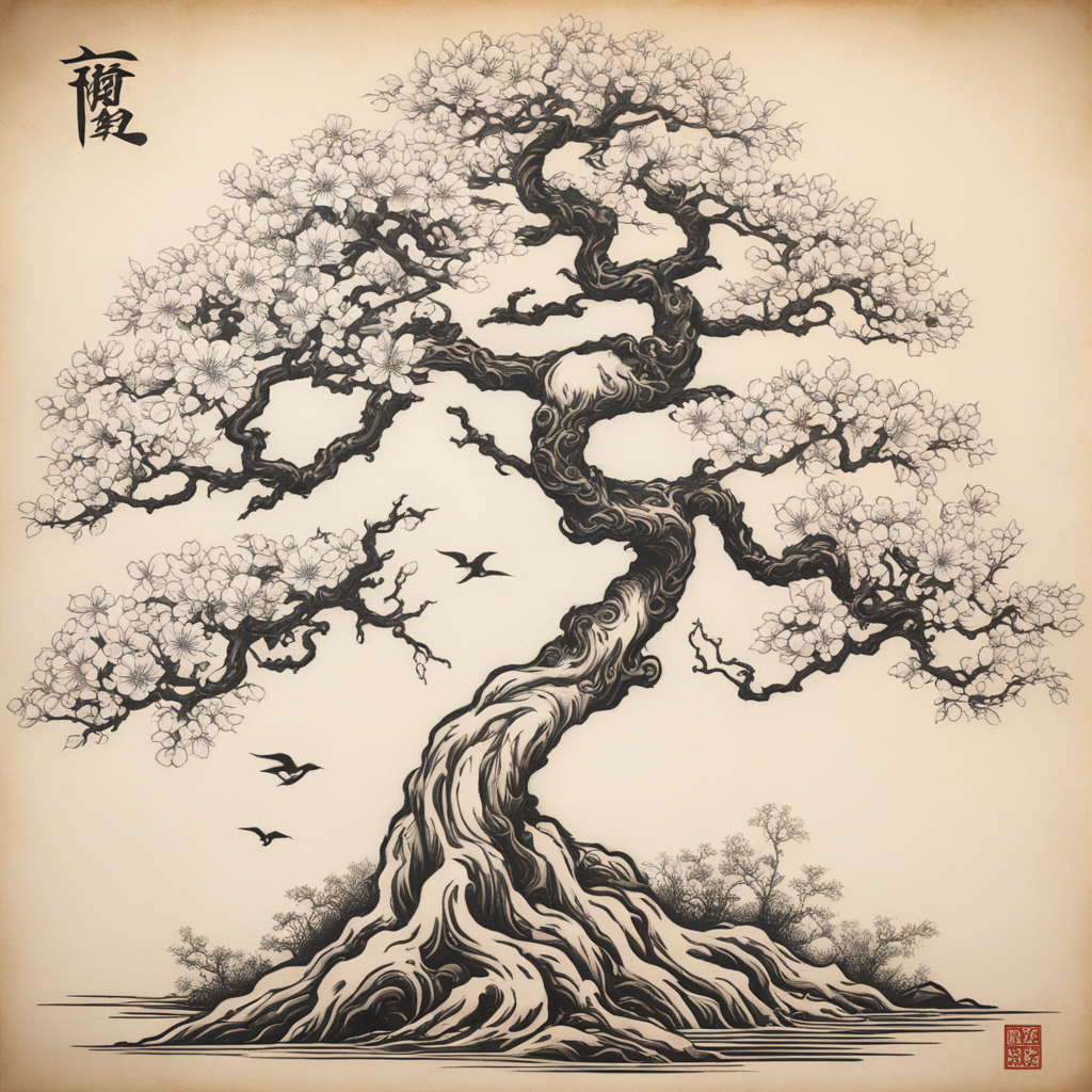 in the style of japanese tattoo, with a tattoo of "A bonsai 