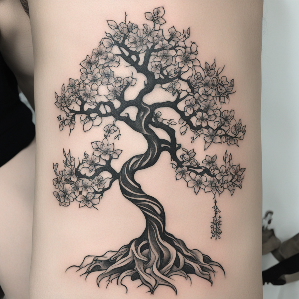 in the style of geometric tattoo, with a tattoo of "A bonsai