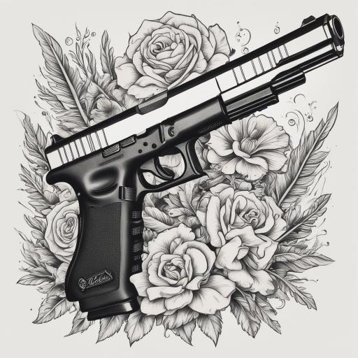 in the style of illustrative tattoo, with a tattoo of Pistol