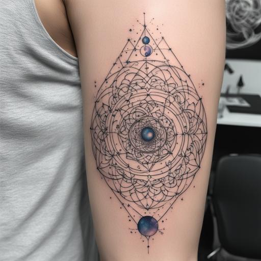 in the style of geometric tattoo, with a tattoo of galaxy ba