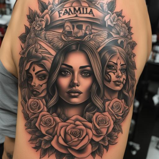 in the style of chicano tattoo, with a tattoo of familia res