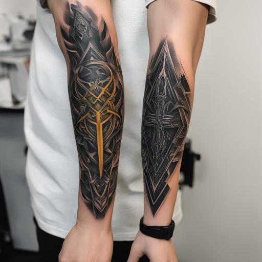 in the style of forearm tattoo, with a tattoo of deus ex gam