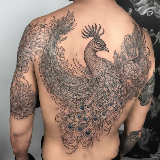 in the style of fineline tattoo, with a tattoo of peacock