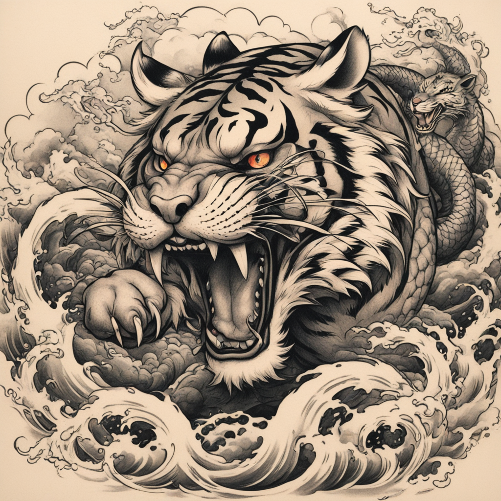 in the style of japanese tattoo, with a tattoo of Tiger figh