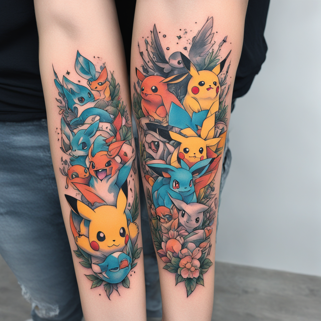 in the style of illustrative tattoo, with a tattoo of Pokémo