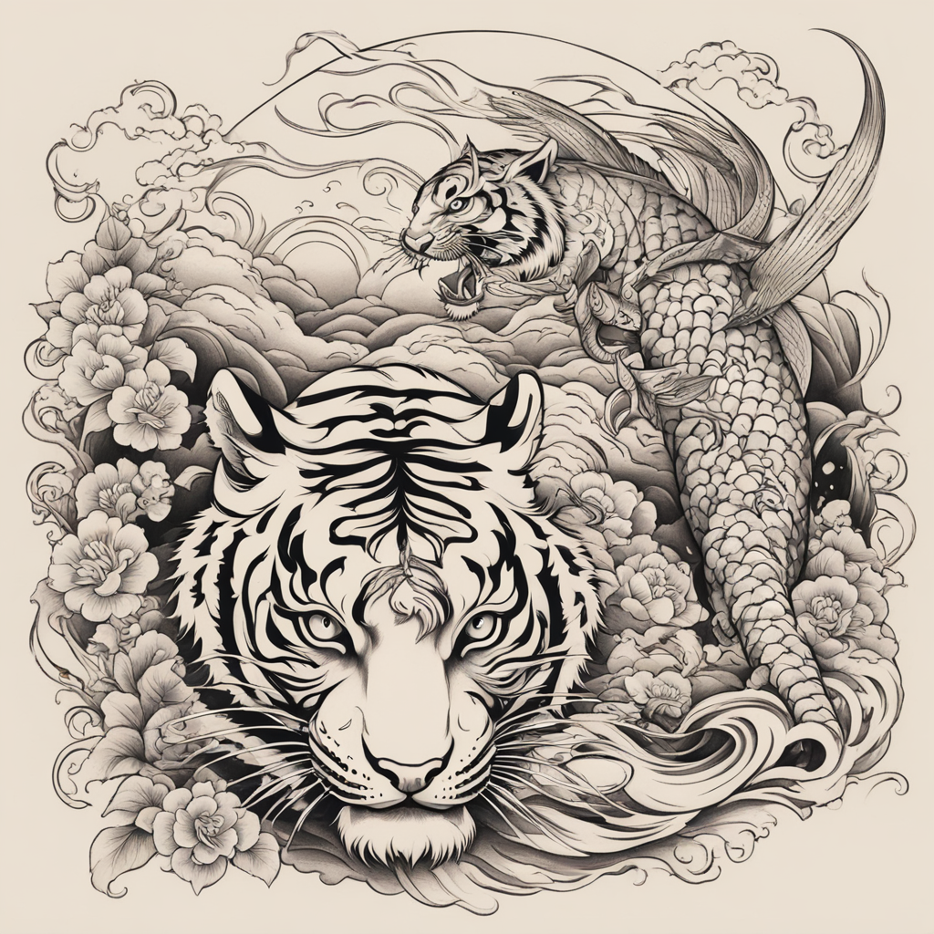 in the style of japanese tattoo, with a tattoo of Tiger with