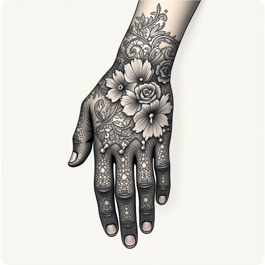 Lace & Blooms: Elegant Hand Tattoo