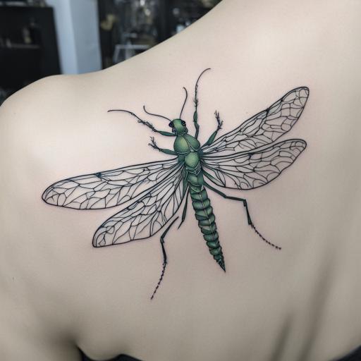 in the style of fineline tattoo, with a tattoo of mantis rel