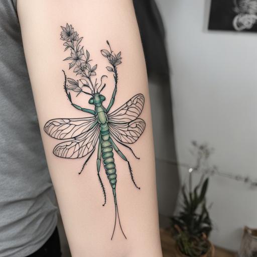 in the style of fineline tattoo, with a tattoo of mantis rel