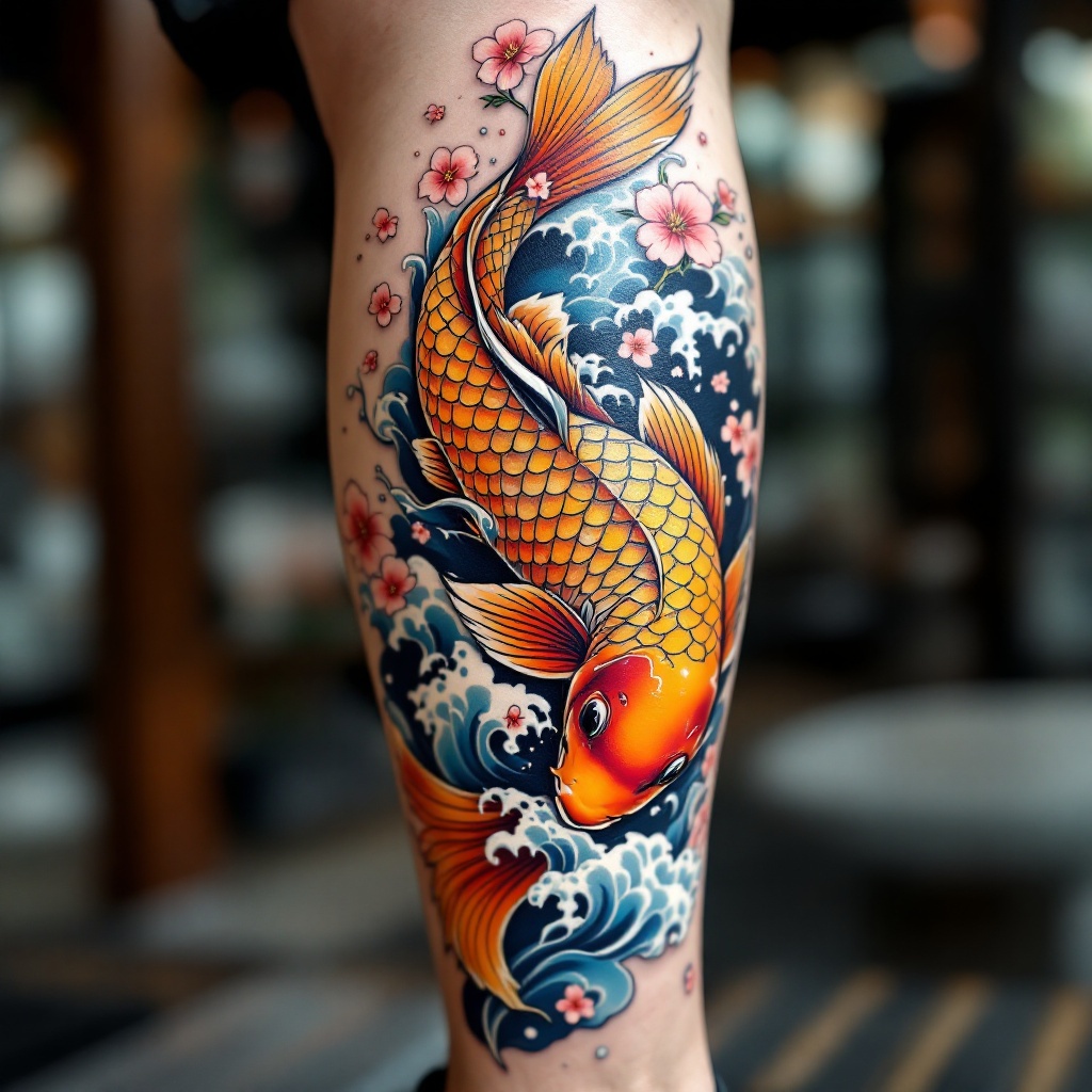 Koi Serenity: A Calf Tattoo Tribute