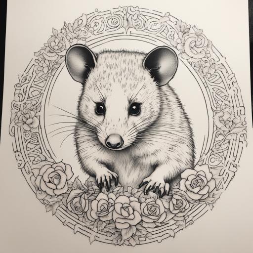 in the style of fineline tattoo, with a tattoo of Opossum wi