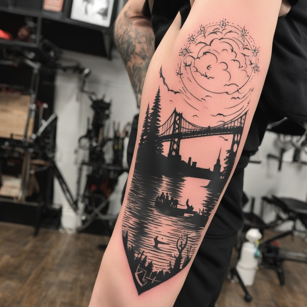 in the style of fineline tattoo, with a tattoo of The bridge