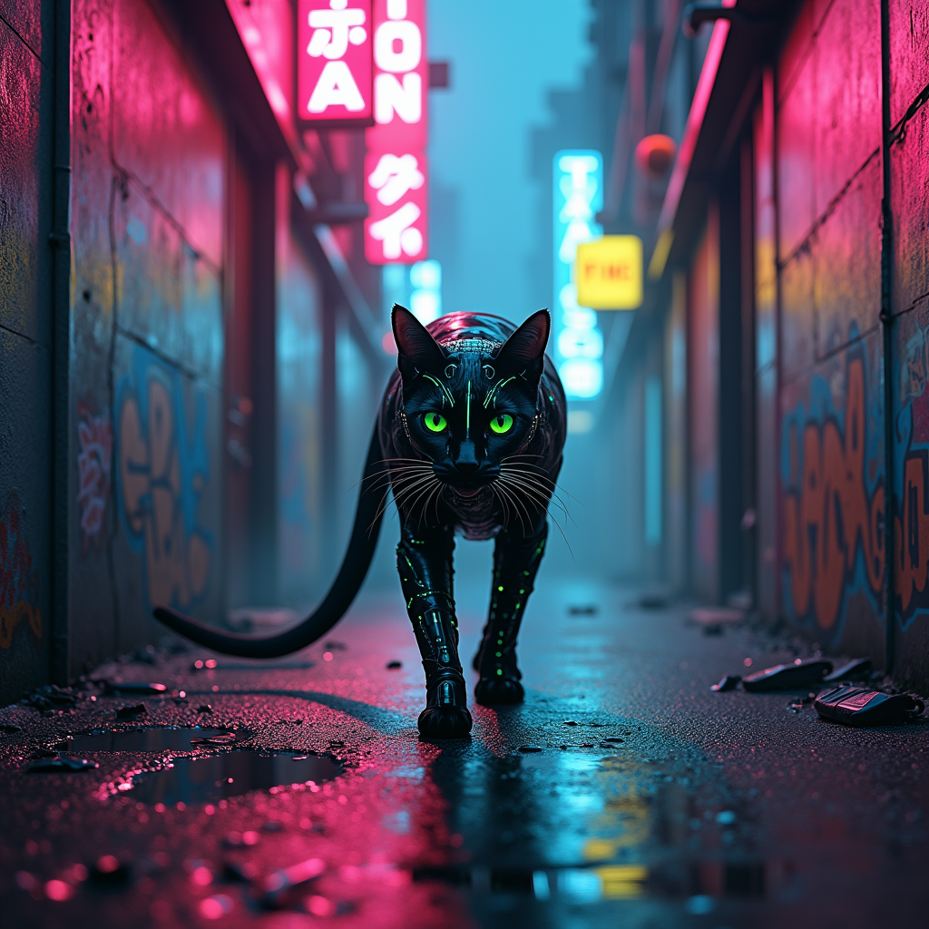 Neon Shadows: The Cyber Cat's Hunt