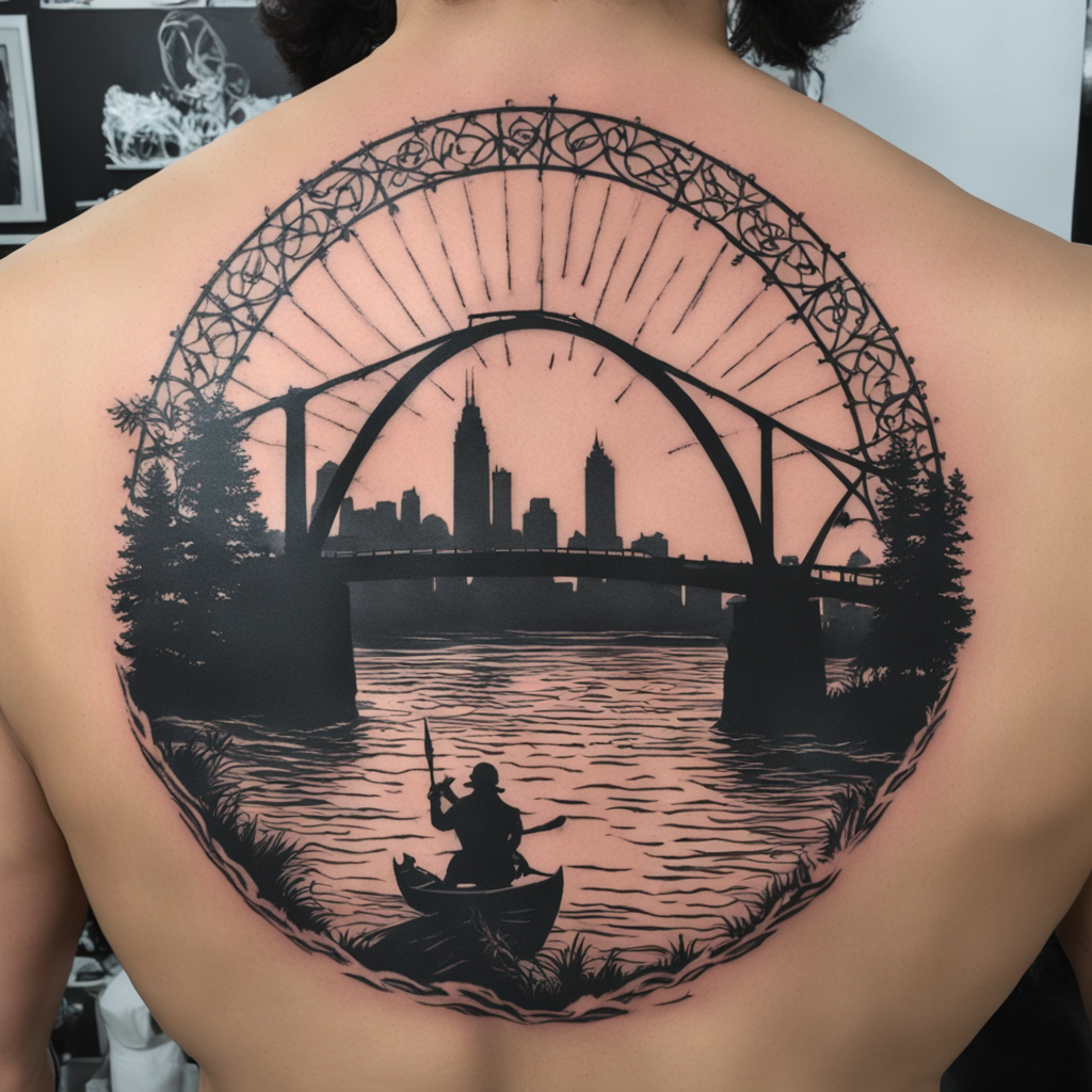 in the style of fineline tattoo, with a tattoo of The bridge