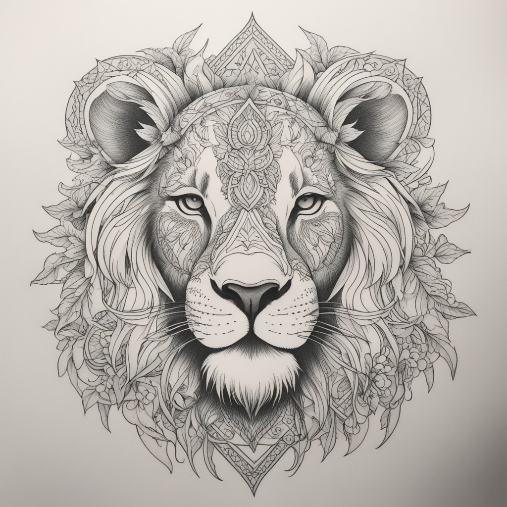 in the style of fineline tattoo, with a tattoo of Lion