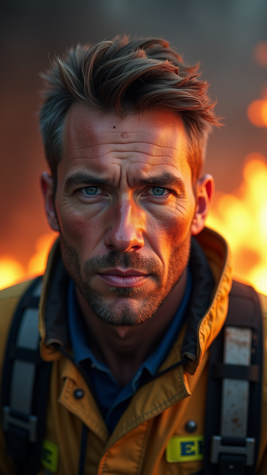 Bravery Ignited: A Firefighter's Gaze | 초상화, flux.1 dev | 2025-02-03