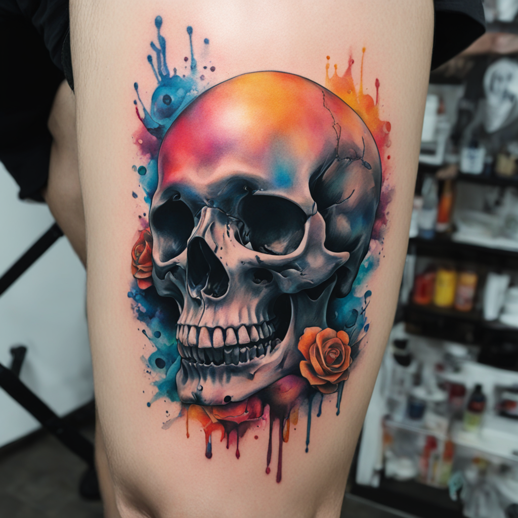 in the style of realism tattoo, with a tattoo of skull with 