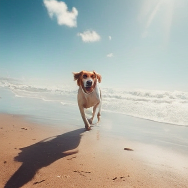 the dog running in the beach