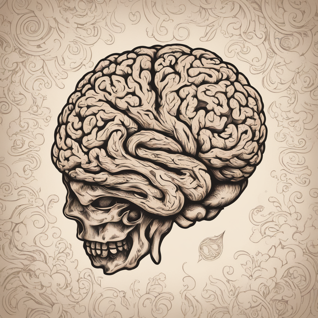 in the style of illustrative tattoo, with a tattoo of Brain 