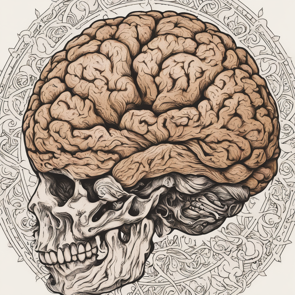 in the style of illustrative tattoo, with a tattoo of Brain 