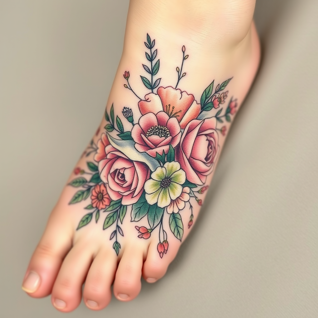 Timeless Floral Foot Tattoo