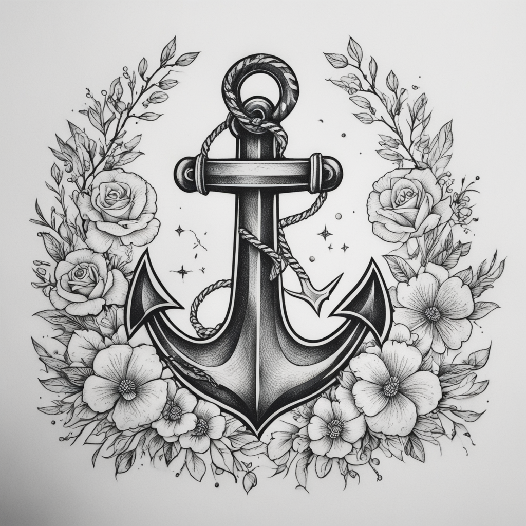 in the style of fineline tattoo, with a tattoo of anchor wit