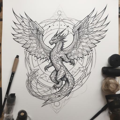 in the style of geometric tattoo, with a tattoo of arc angel