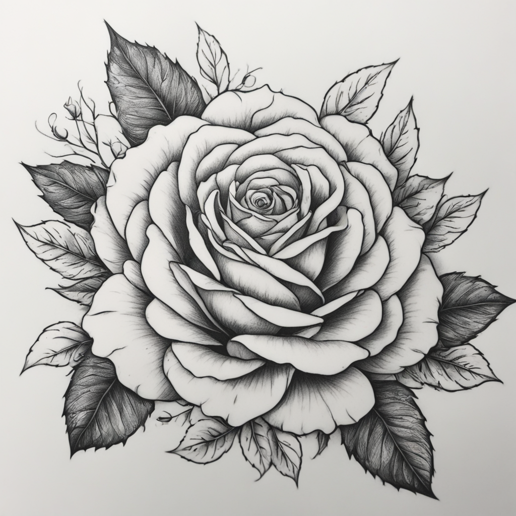 in the style of fineline tattoo, with a tattoo of rose tatto