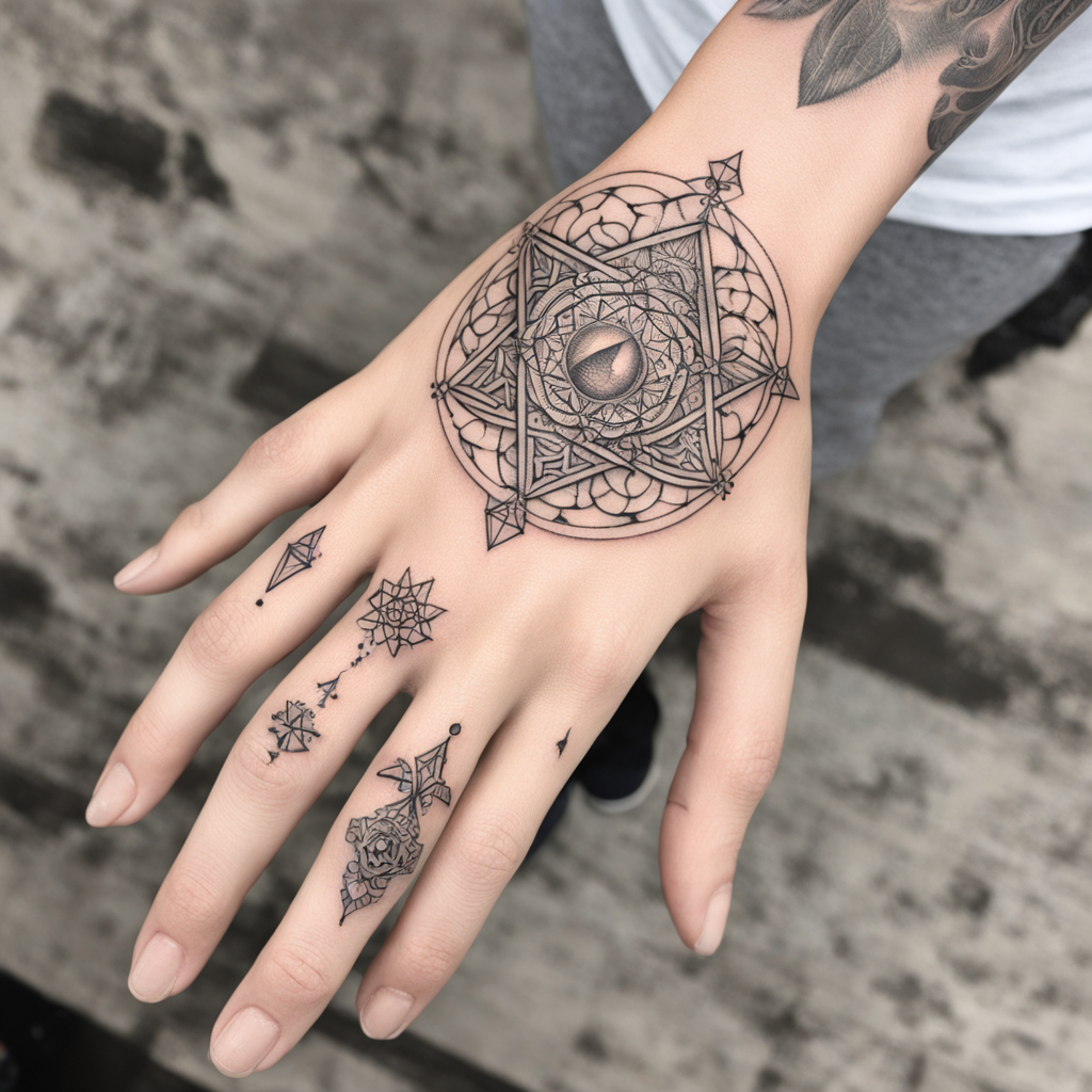 in the style of fineline tattoo, with a tattoo of hand tatto