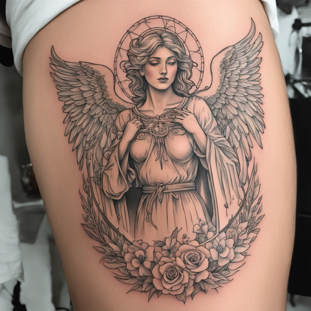 in the style of fineline tattoo, with a tattoo of angel arro