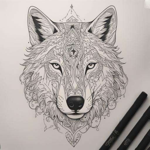 in the style of fineline tattoo, with a tattoo of Wolf with 