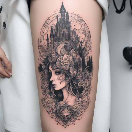 in the style of surrealism tattoo, with a tattoo of Gothic