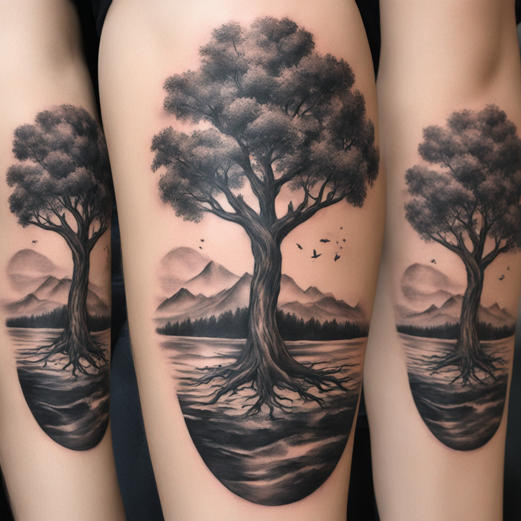 in the style of realism tattoo, with a tattoo of albero dell