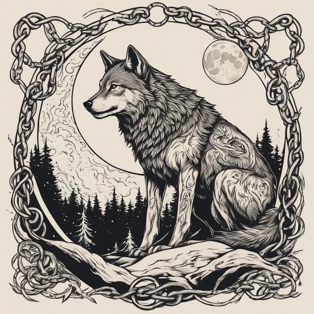 in the style of wolf, with a tattoo of Wood cut style wolf w