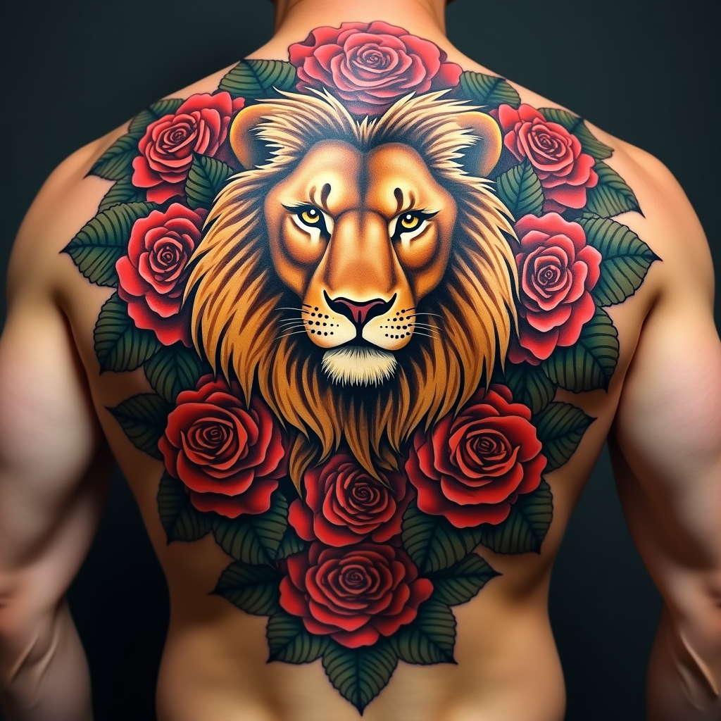 Regal Lion & Roses Tattoo