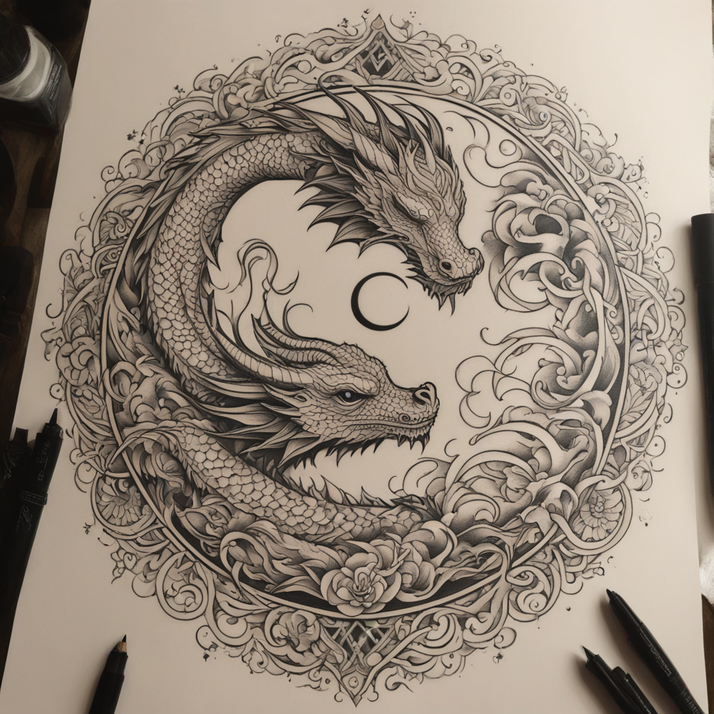 in the style of fineline tattoo, with a tattoo of Dragon luc
