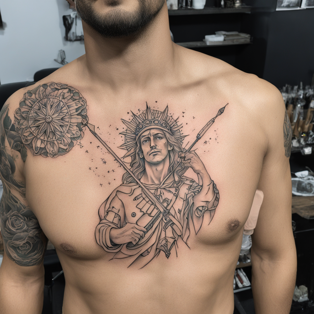 in the style of fineline tattoo, with a tattoo of Mariano