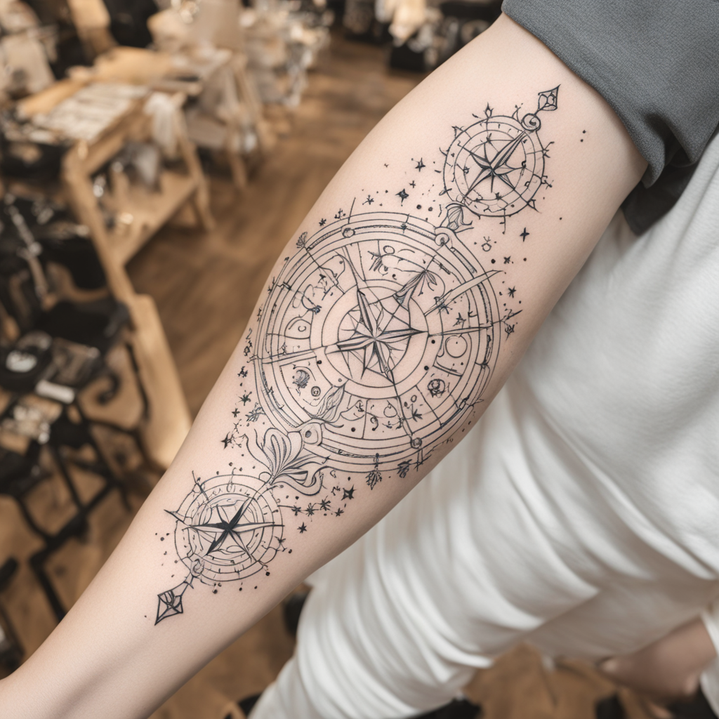 in the style of fineline tattoo, with a tattoo of Signo del 