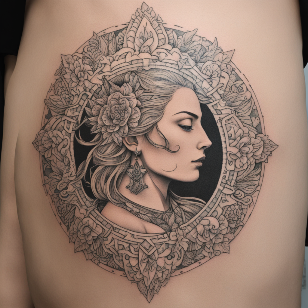 in the style of fineline tattoo, with a tattoo of marca de s