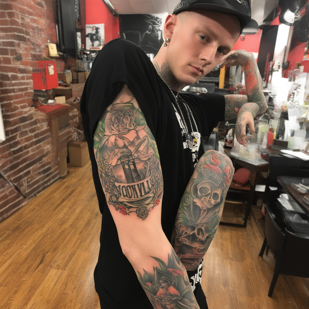 in the style of mgk tattoos, with a tattoo of Kevin