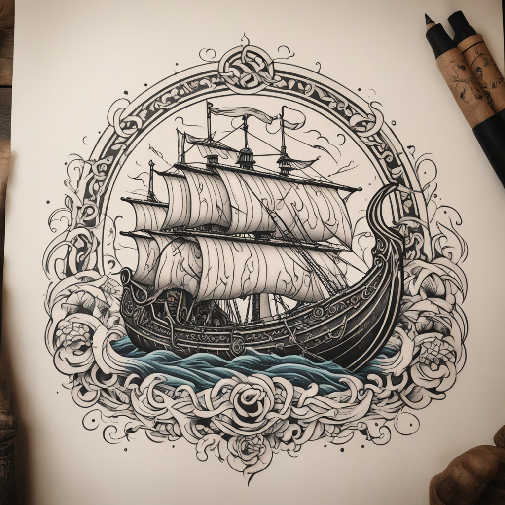 in the style of neo traditional tattoo, with a tattoo of vik