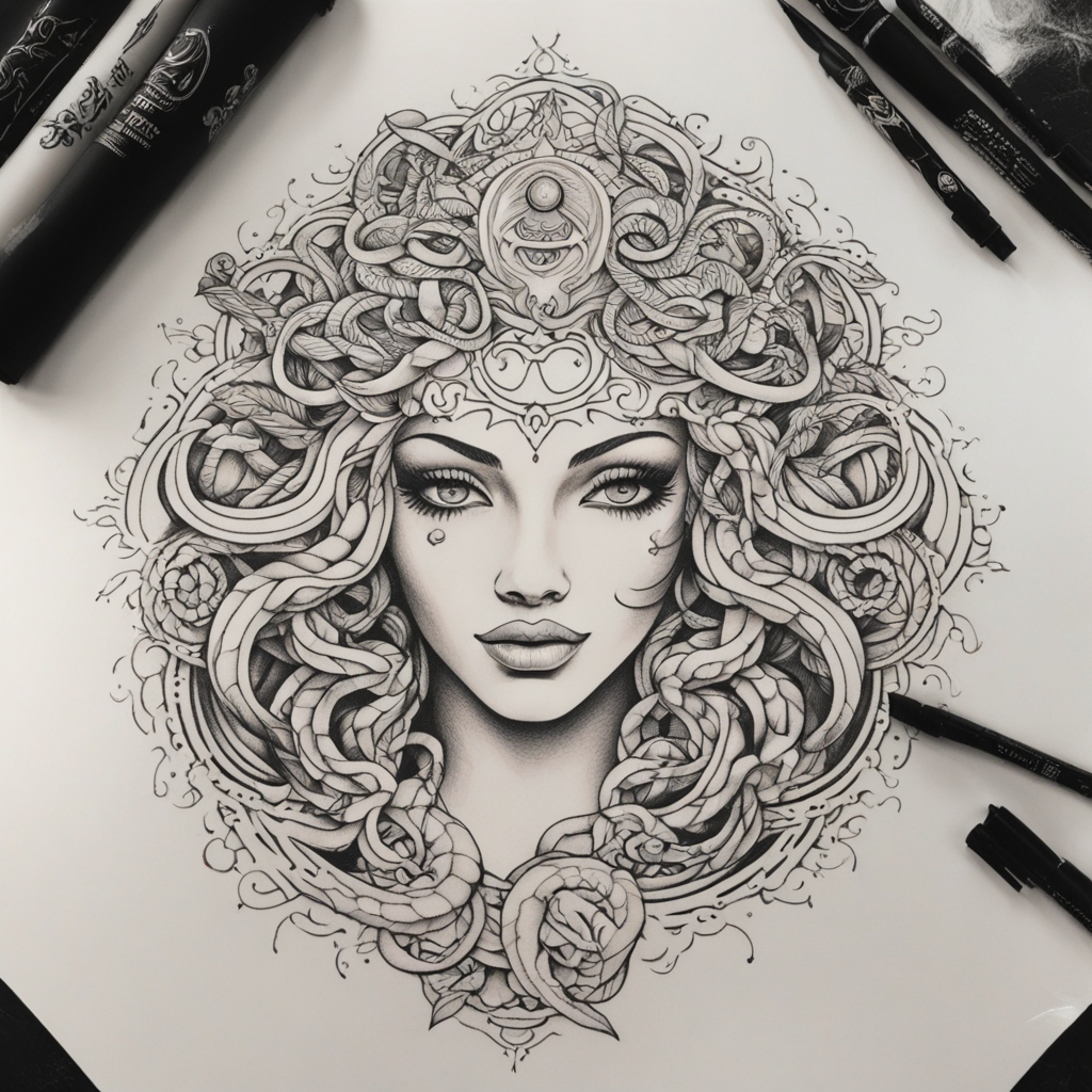 in the style of fineline tattoo, with a tattoo of  Medusa Oc